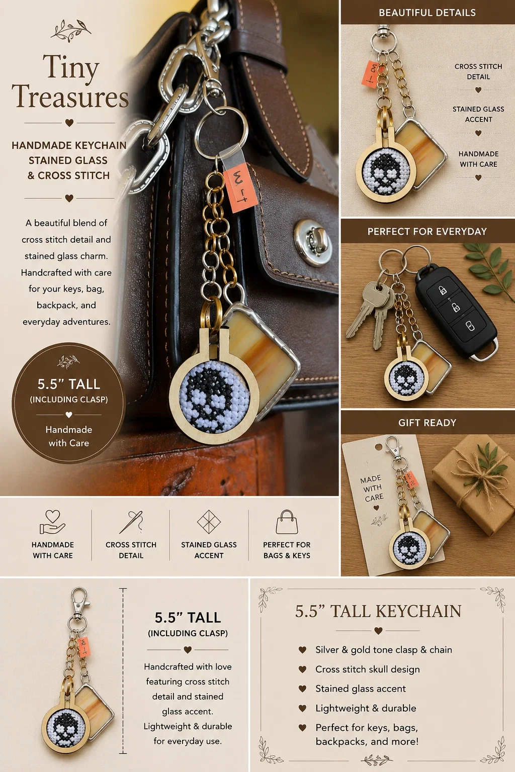Skull & Caramel — Stained Glass and Cross-Stitch Keychain