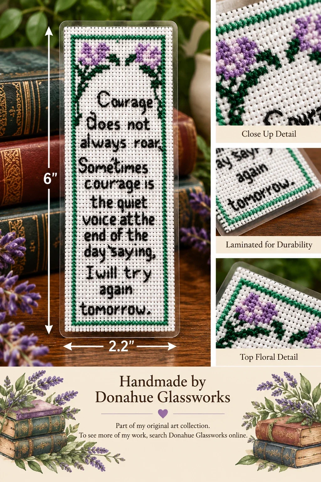 Courage Does Not Always Roar — Handmade Cross-Stitch Bookmark
