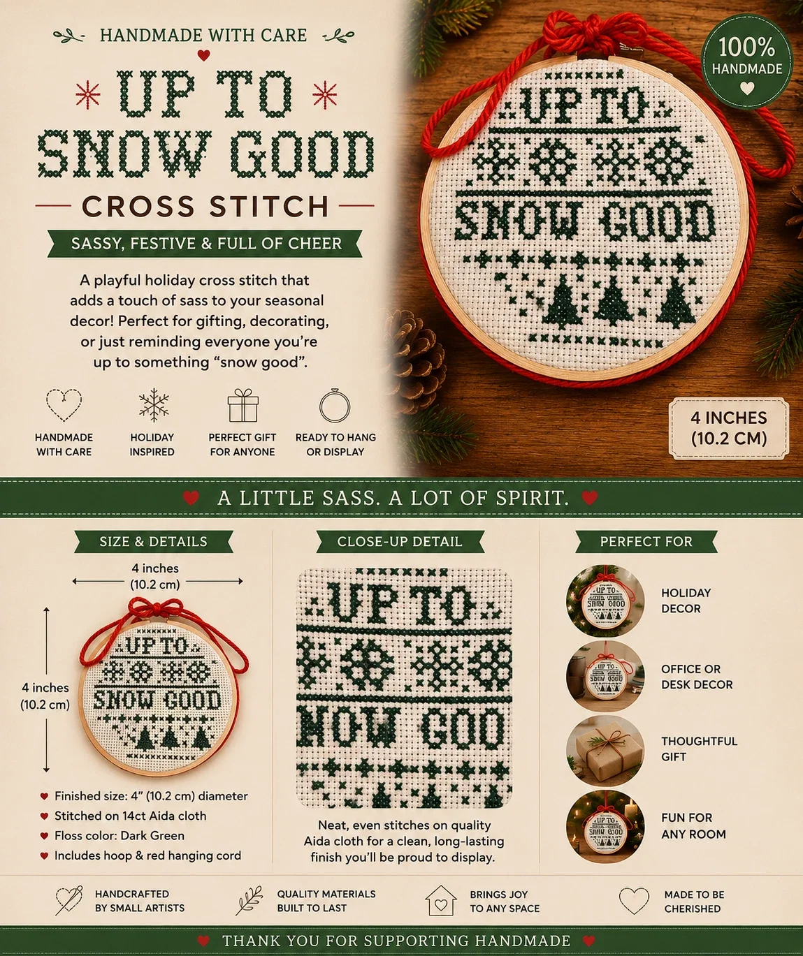 Up to Snow Good — Handmade 4-Inch Cross-Stitch Ornament