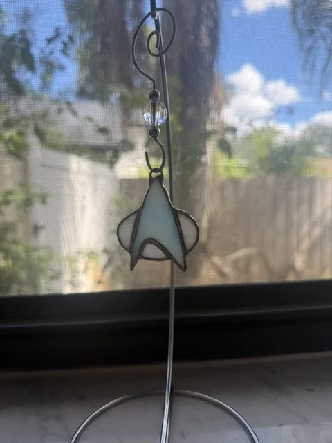 Handmade Pale Blue Stained Glass Communicator Badge 2x2 Sci-Fi Suncatcher Ornament