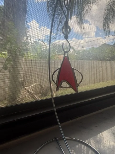 Handmade Red Stained Glass Communicator Badge 2x2 Sci-Fi Suncatcher Ornament
