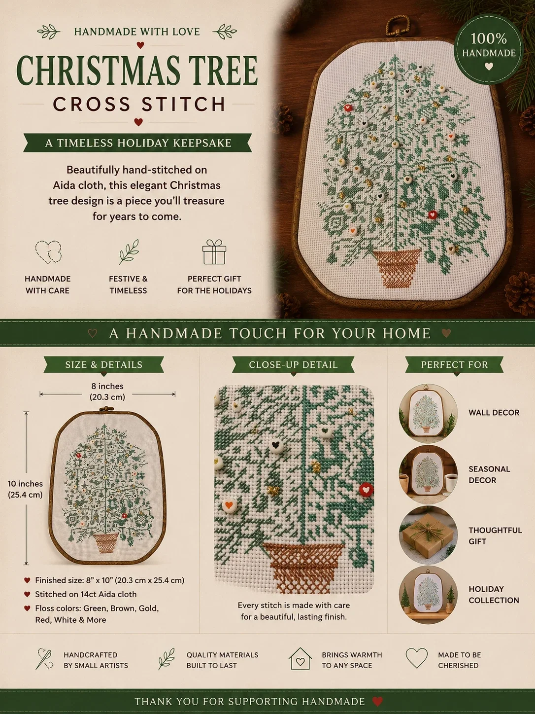 Tree of Love — Framed Beaded Christmas Tree Cross-Stitch
