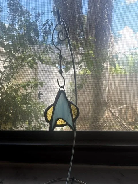 Handmade Blue & Gold Stained Glass Communicator Badge 2x2 Sci-Fi Suncatcher Ornament