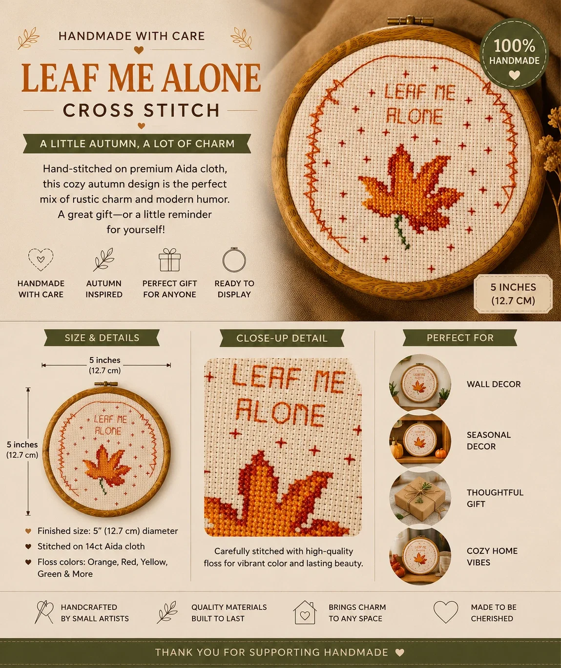 Leaf Me Alone — Handmade 5-Inch Cross-Stitch Hoop Art