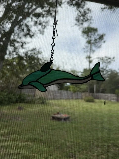 🐬 Emerald Green Dolphin Stained Glass Suncatcher – Handcrafted Ocean Art