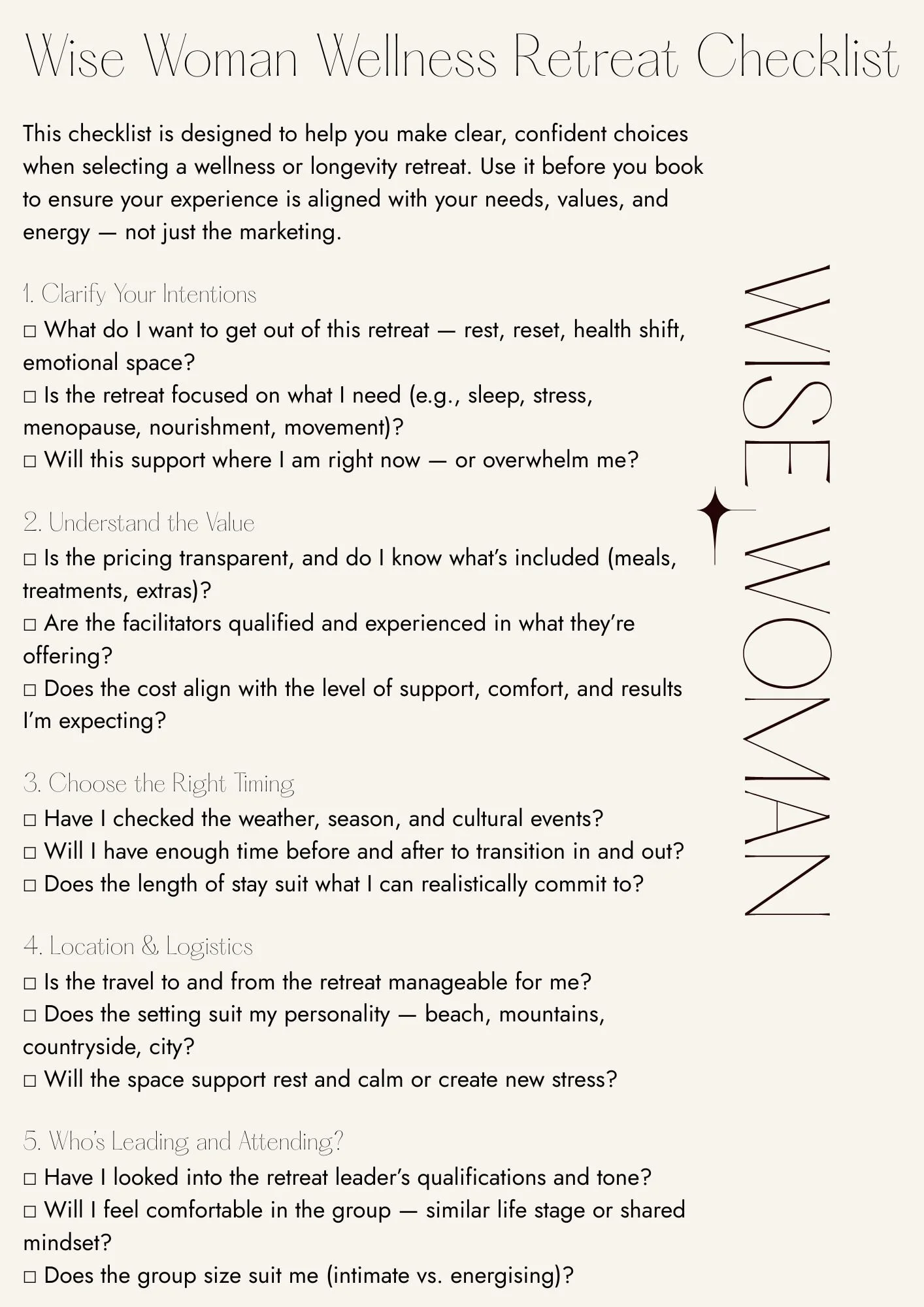 A checklist titled 'Wise Woman Wellness Retreat Checklist' with five sections, each containing questions for evaluating wellness retreat choices. The sections are: 1. Clarify Your Intentions, 2. Understand the Value, 3. Choose the Right Timing, 4. Location & Logistics, 5. Who's Leading and Attending?