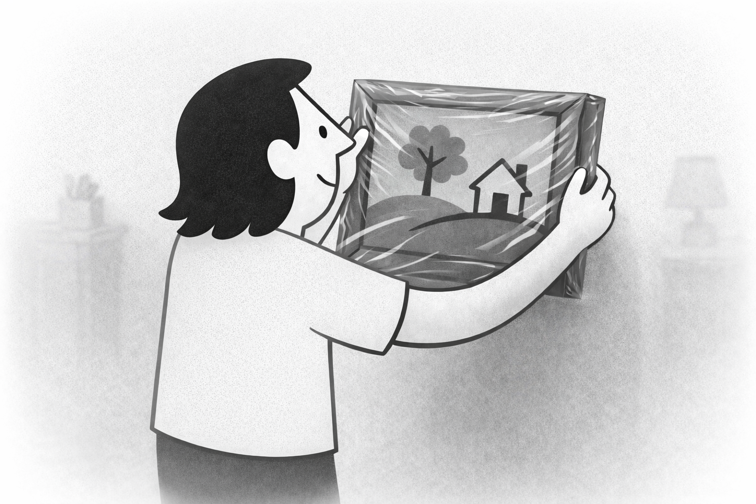 an art handler engaged in packing a painting in poly plastic. art techs are crucial to safe art transportation.