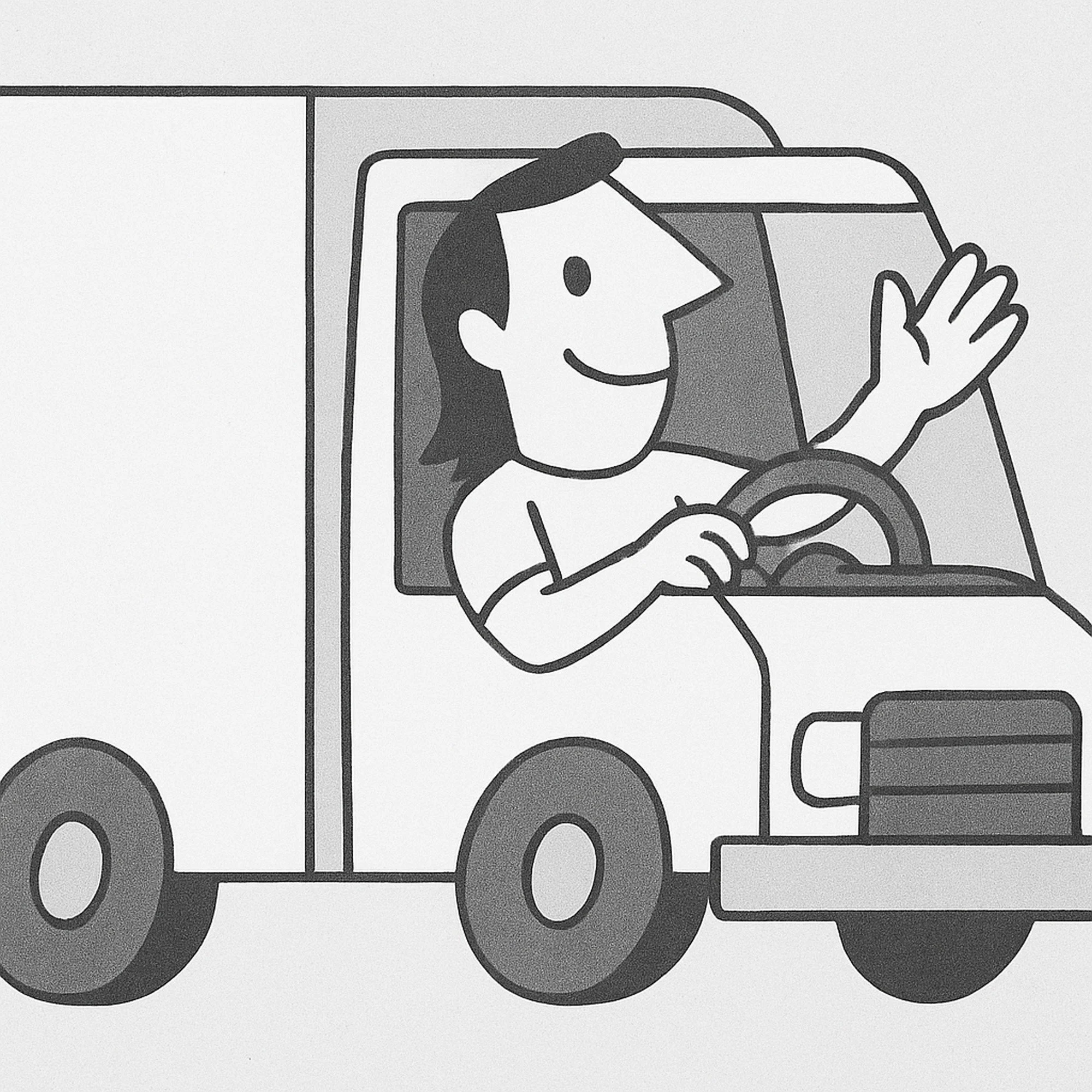 A cartoon woman with dark hair driving a delivery truck, waving and smiling.