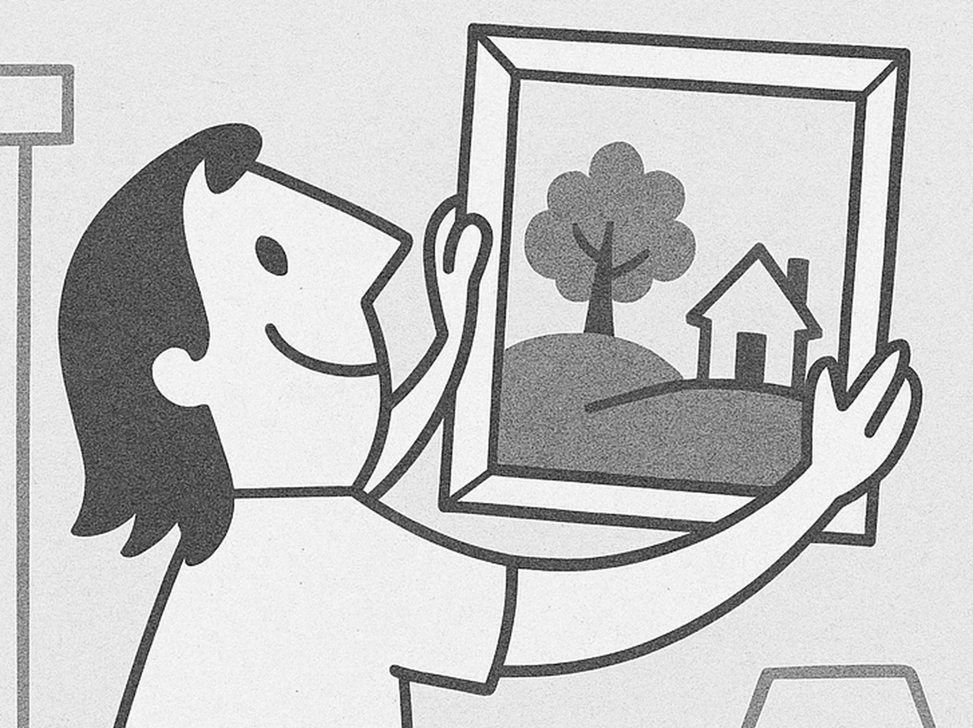 A cartoon person with long hair and a smiling face holding a framed picture of a landscape with a tree and a house.