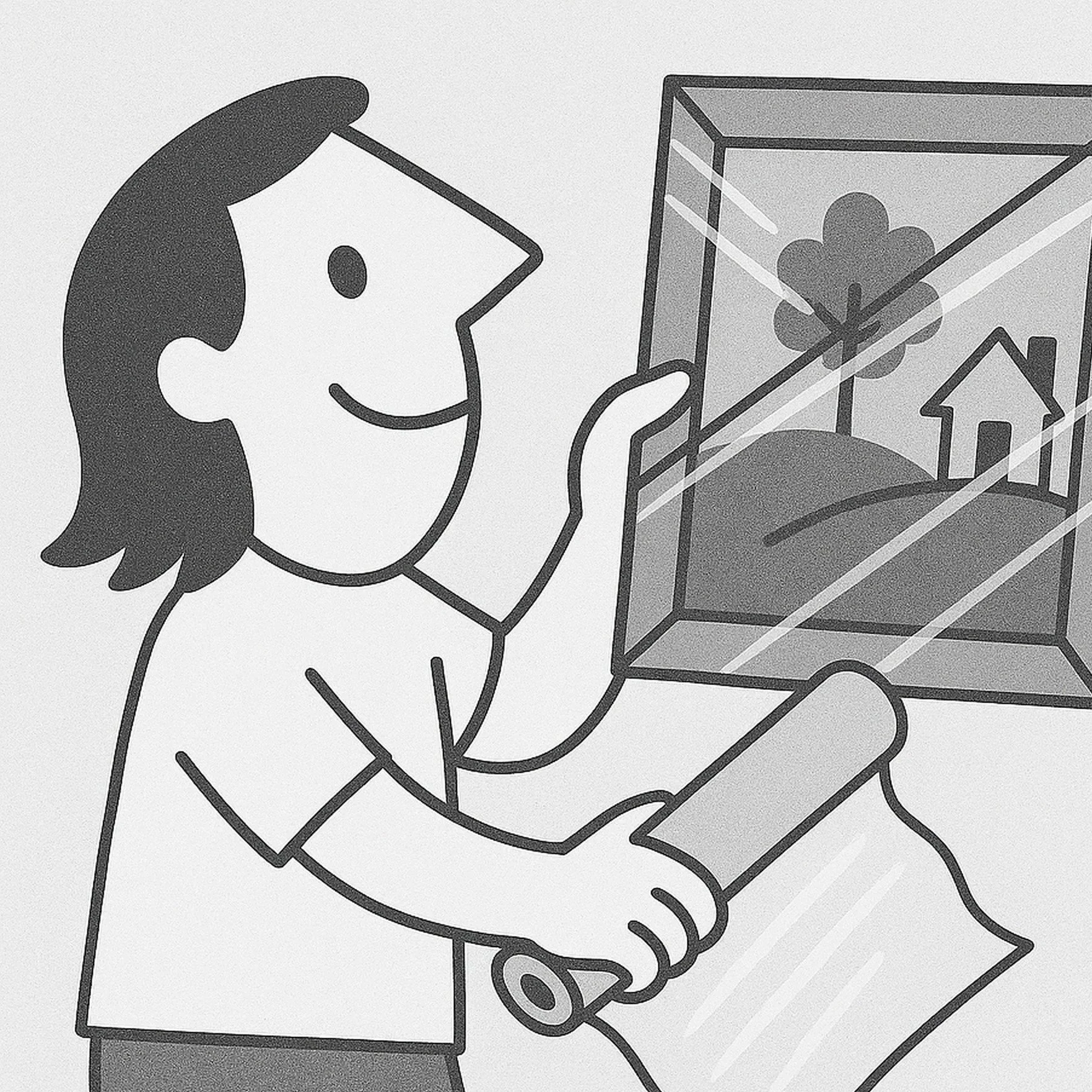 Cartoon woman looking out a window with plant and house silhouettes