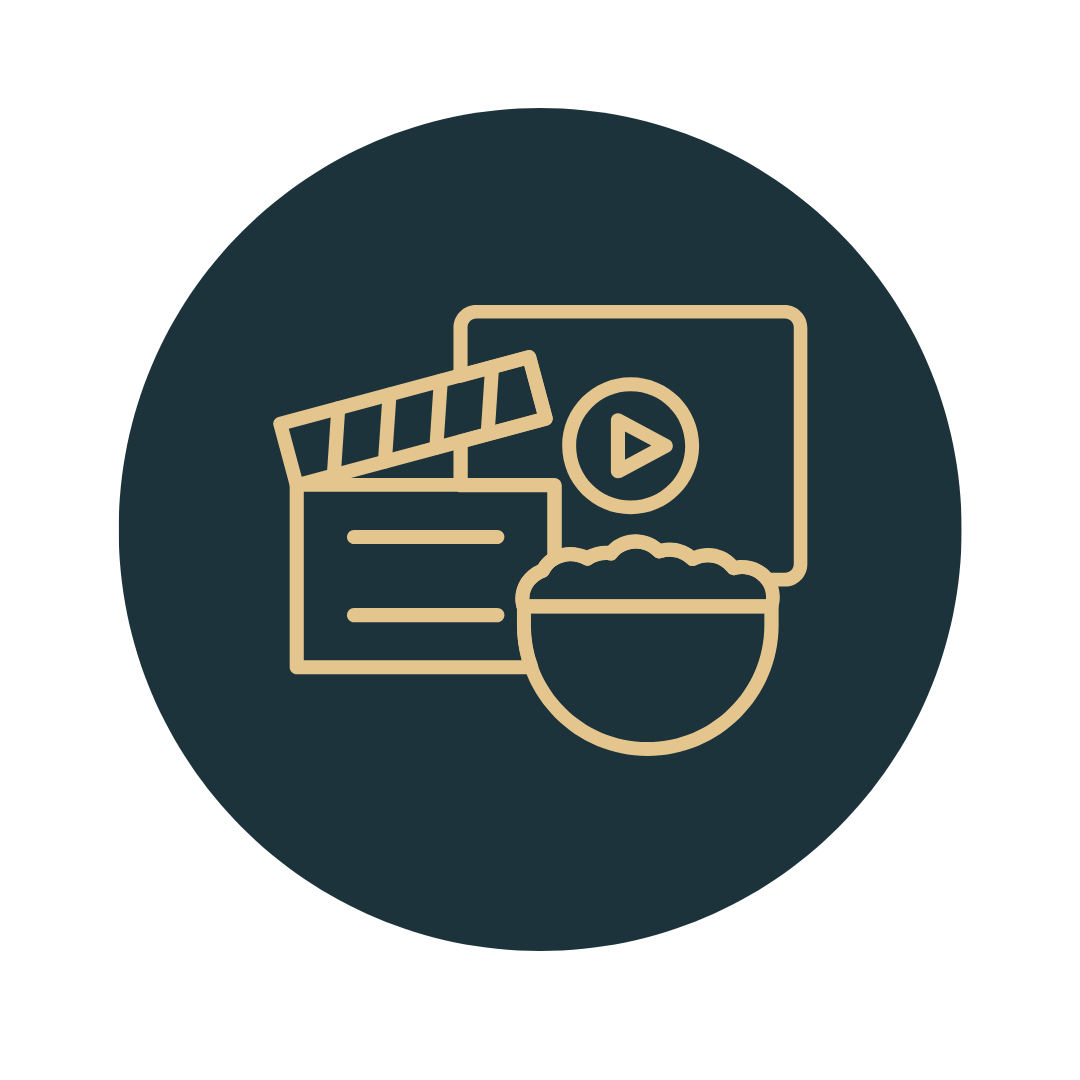 Outline icon of a film clapperboard, a movie reel with a play button, a bowl of popcorn, and a film strip inside a dark circle.