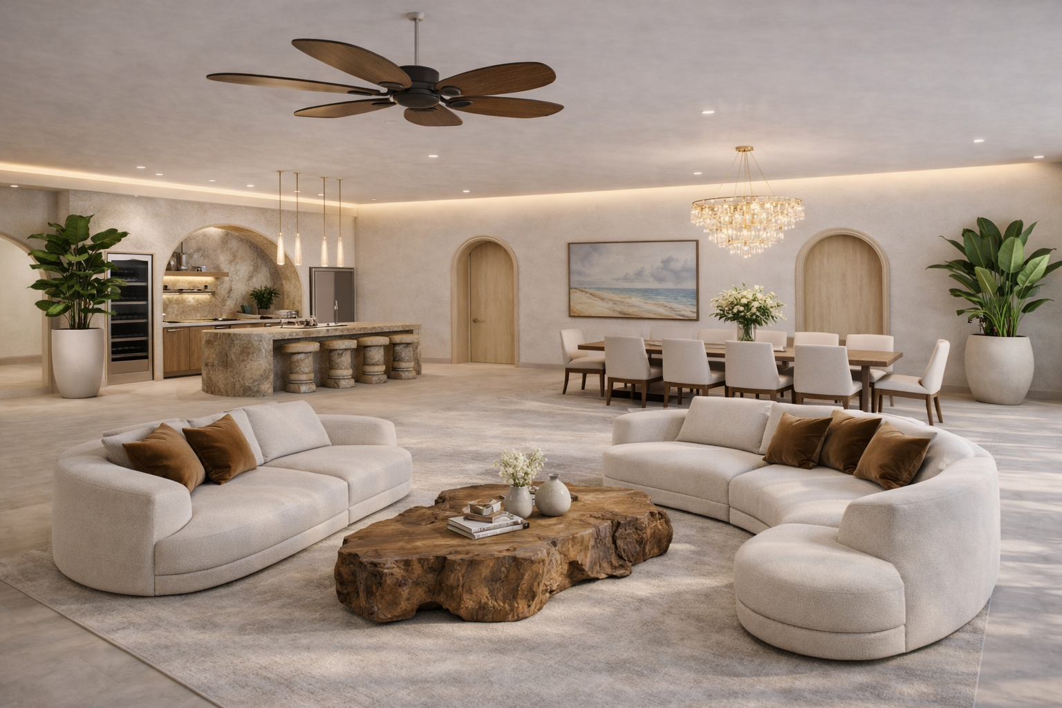 A connected dining and kitchen space designed for shared meals and private chef experiences.