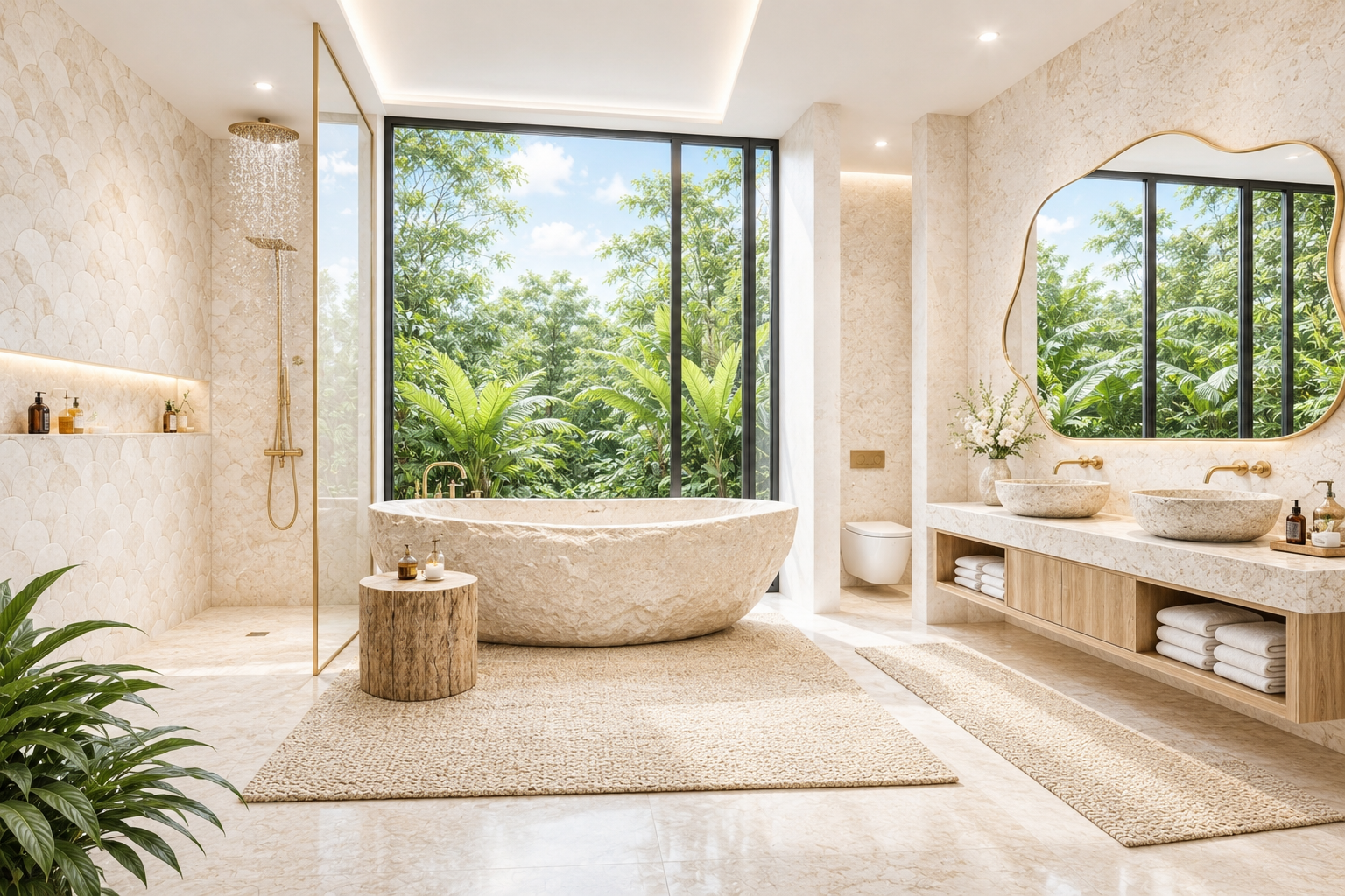 Spacious bathrooms with rain showers, bathtubs, double vanities, and smart toilets.