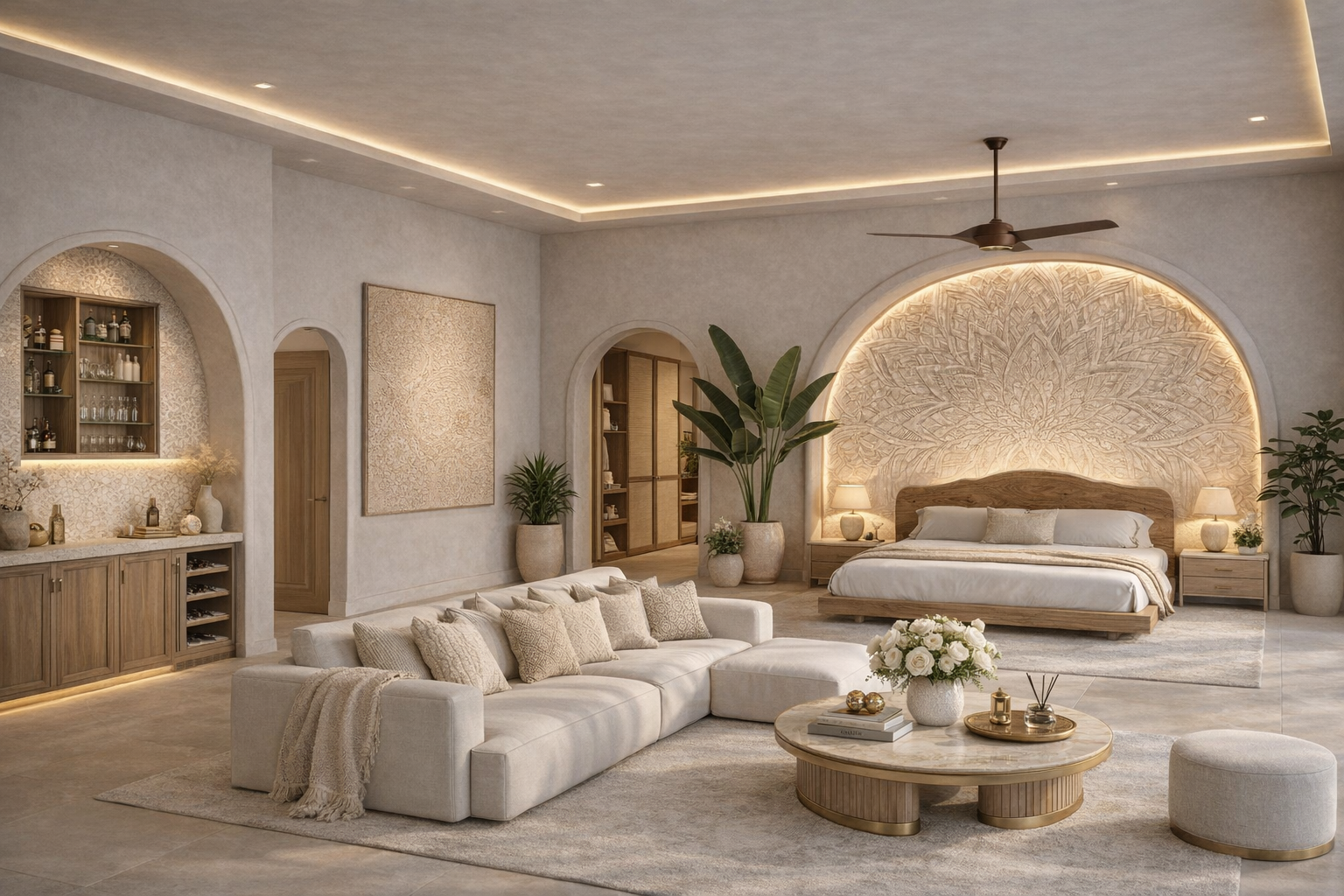 A spacious bedroom suite featuring a king-size bed with premium linens and mattress, and modern interiors designed for a more elevated stay experience.