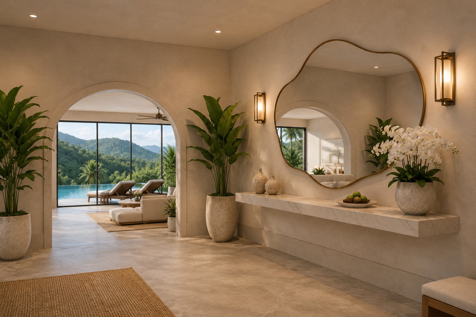 A spacious entry space that opens into the main living areas of the estate.