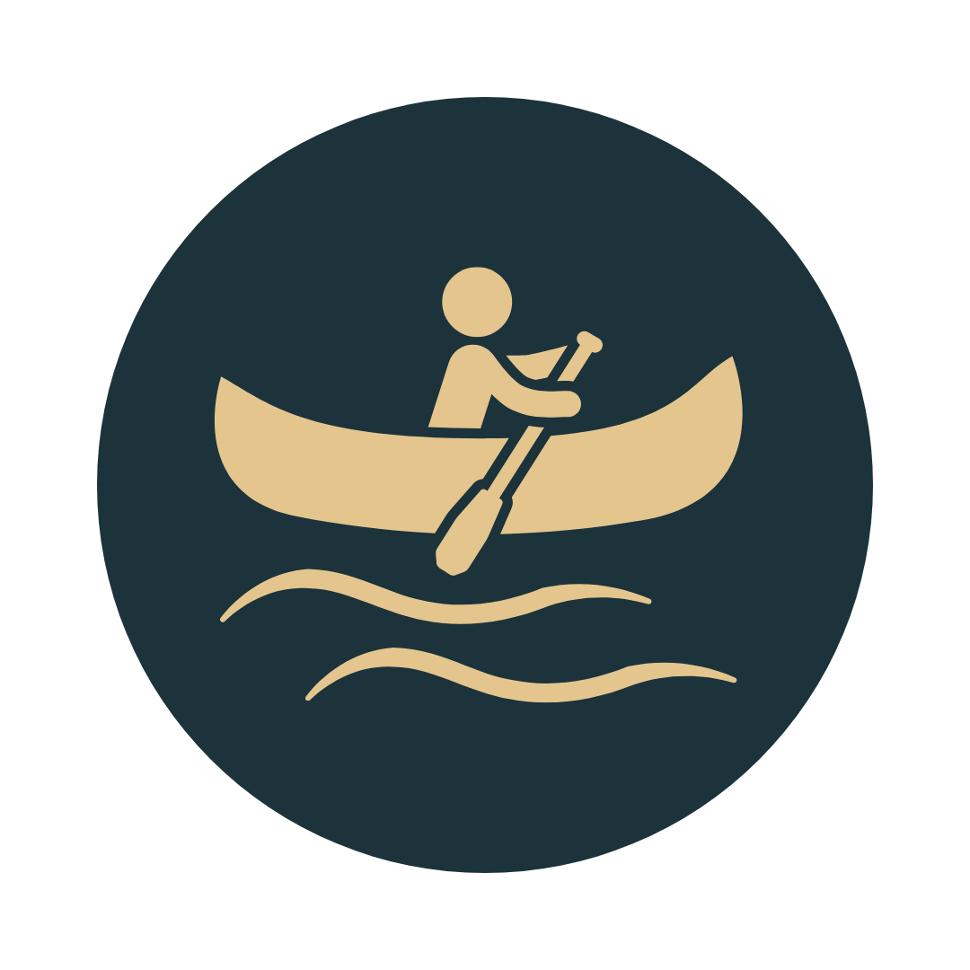 Simple icon of a person paddling a canoe on water.
