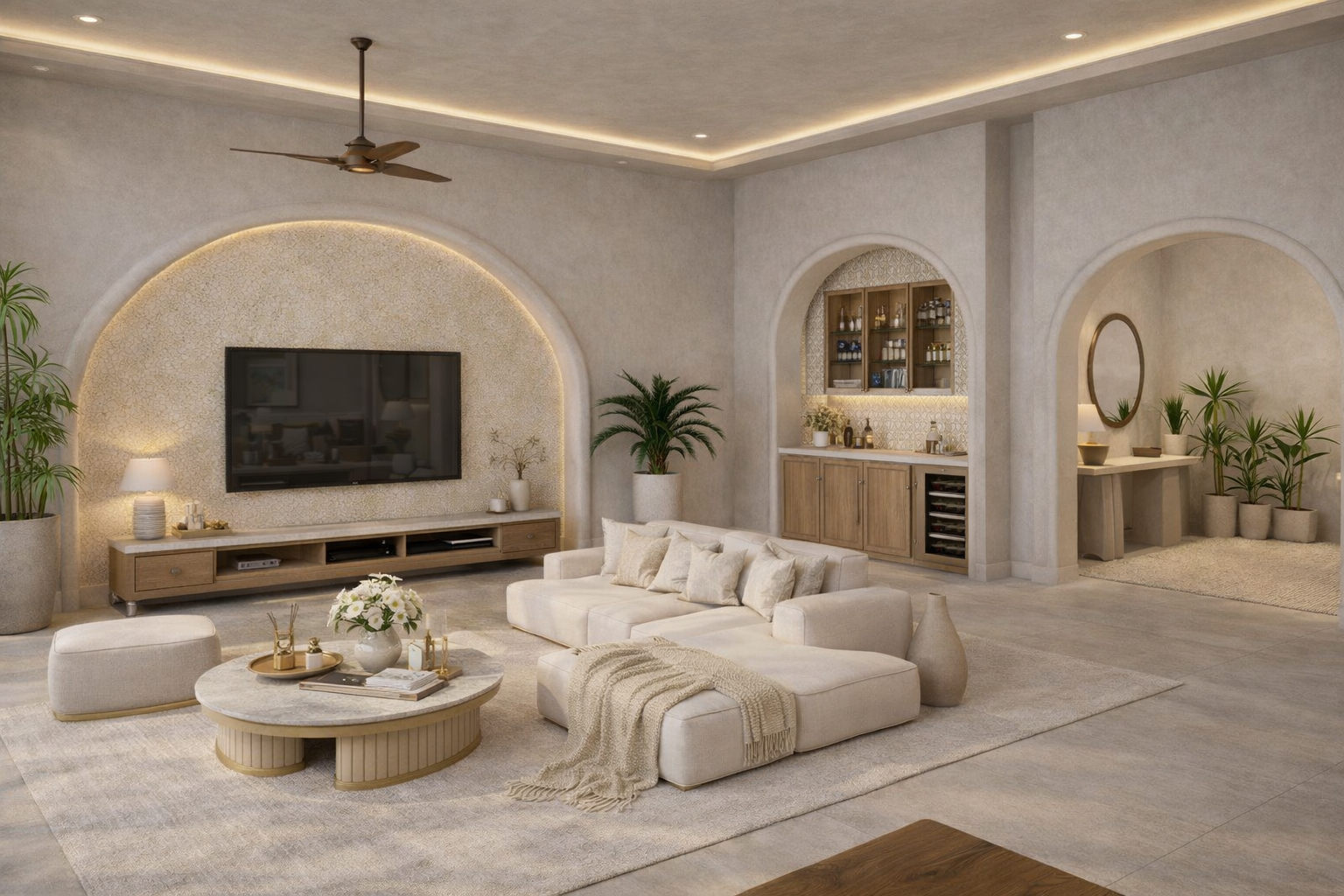 A dedicated indoor lounge space designed for private relaxation, featuring a modern seating area, smart TV, minibar, and thoughtfully designed interiors connected to the surrounding outdoor views.