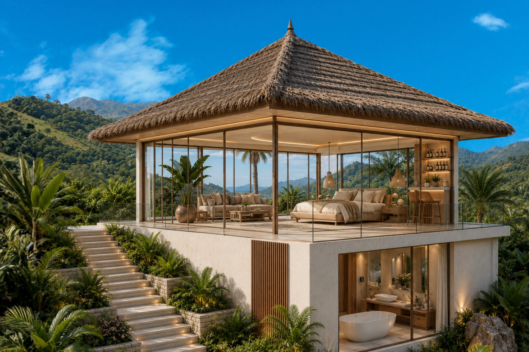 Positioned separately from the main pavilion, the master suite features elevated 360-degree views, a private living area, king-size bed, minibar, and expansive en-suite bathroom.