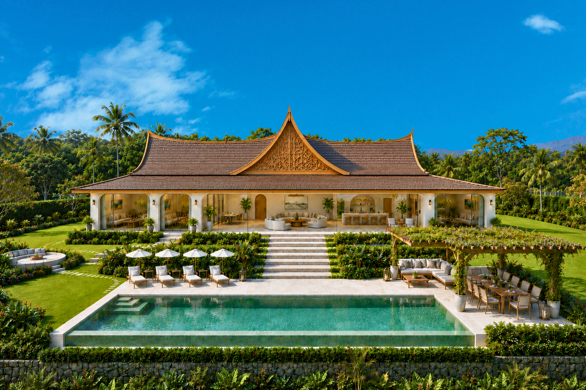 The central living space of the estate, bringing together three en-suite bedroom suites, expansive indoor living and dining areas, the in-villa kitchen, and direct access to the outdoor terraces, pool, and garden spaces.