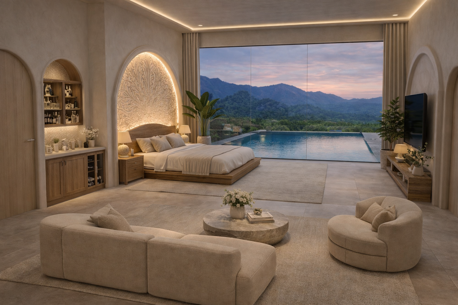 Private bedroom suites with king-size beds, lounge areas, smart TVs, minibars, walk-in closets, and floor-to-ceiling patio views.