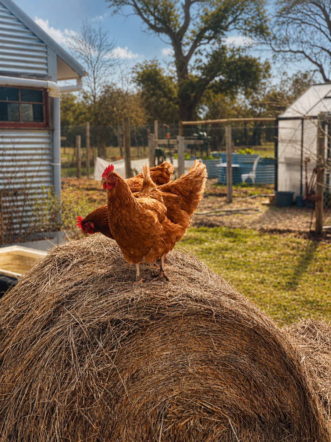 Two chickens standing on a hay bale in a backyard with trees, a shed, and garden structures in the background. Our philosophy is grounded in a deep appreciation for nature, sustainability and the way things used to be done. handmade in small batches