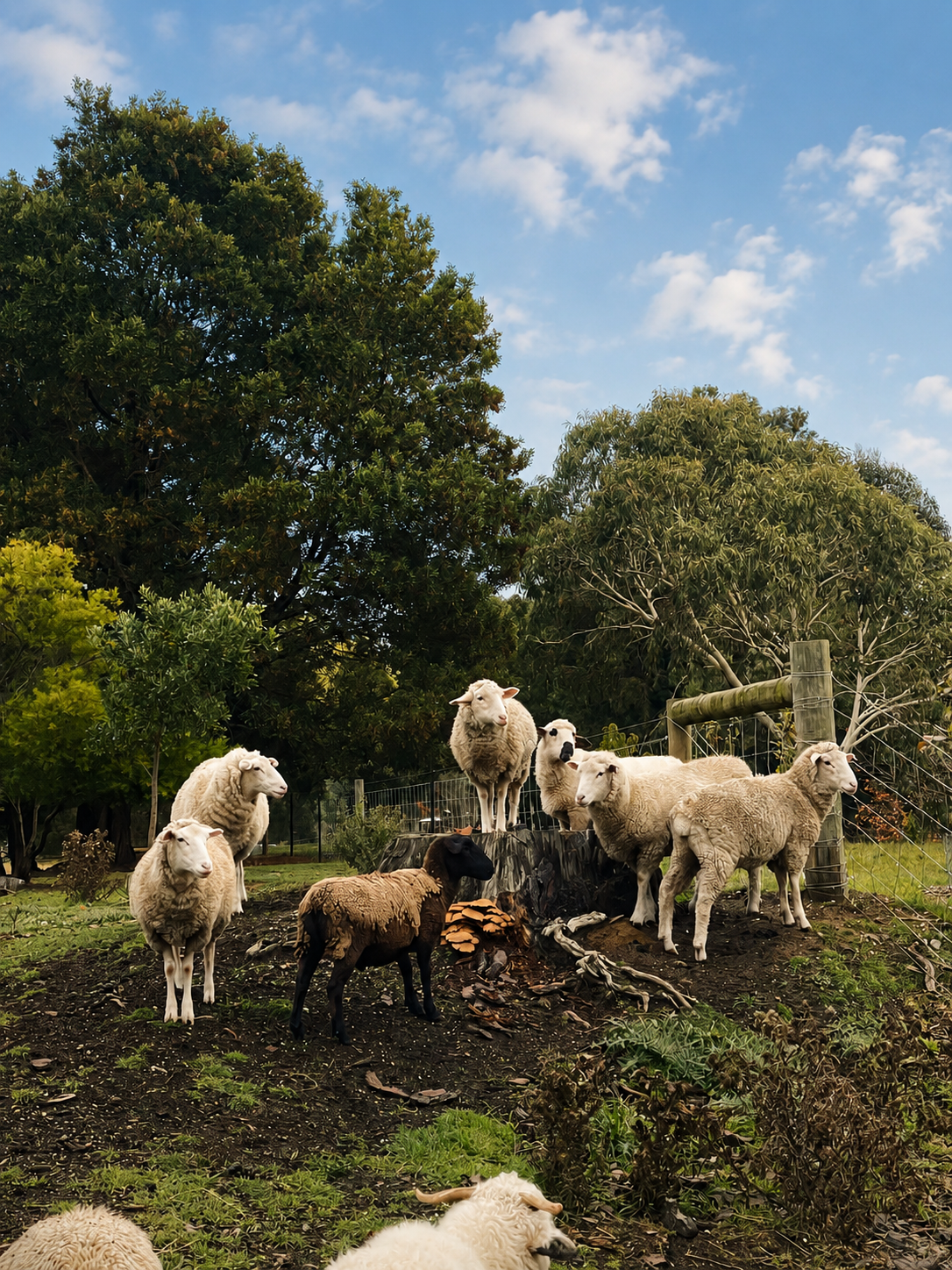 A group of sheep and a goat standing outdoors on a farm with trees and a fence in the background under a partly cloudy sky. products made on Dja Dja Wurrung Country, where we are proud to make our products with respect for the land, its history,
