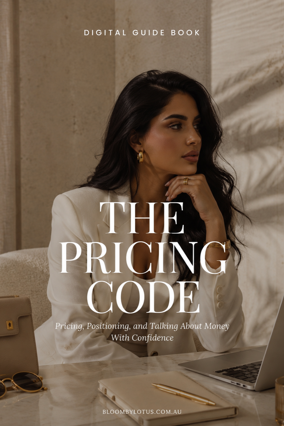 Book cover titled 'The Pricing Code' featuring a woman with dark hair, wearing a beige blazer, seated at a desk with a laptop, notebook, and sunglasses.