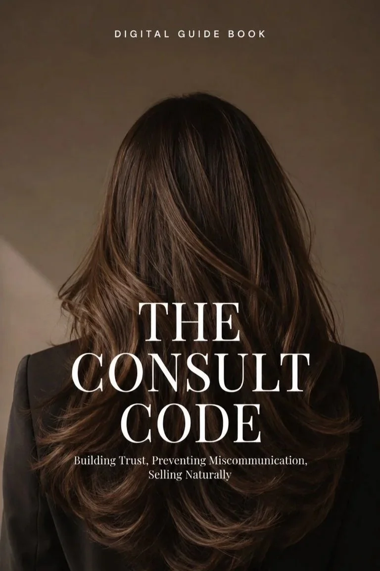 Cover of a digital guide book titled 'The Consult Code' featuring a woman with long, wavy brown hair, seen from behind, wearing a black blazer.