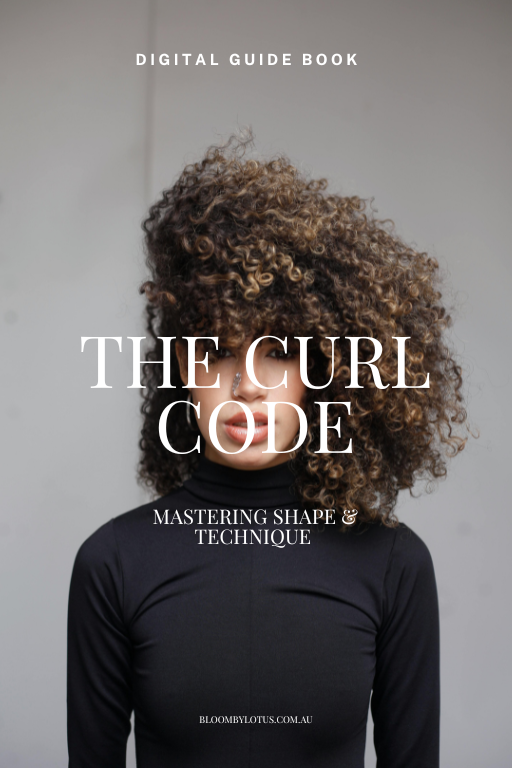 Book cover image featuring a woman with curly hair wearing a black top, with the title 'The Curl Code: Mastering Shape & Technique' and a subtitle 'Digital Guide Book' at the top.