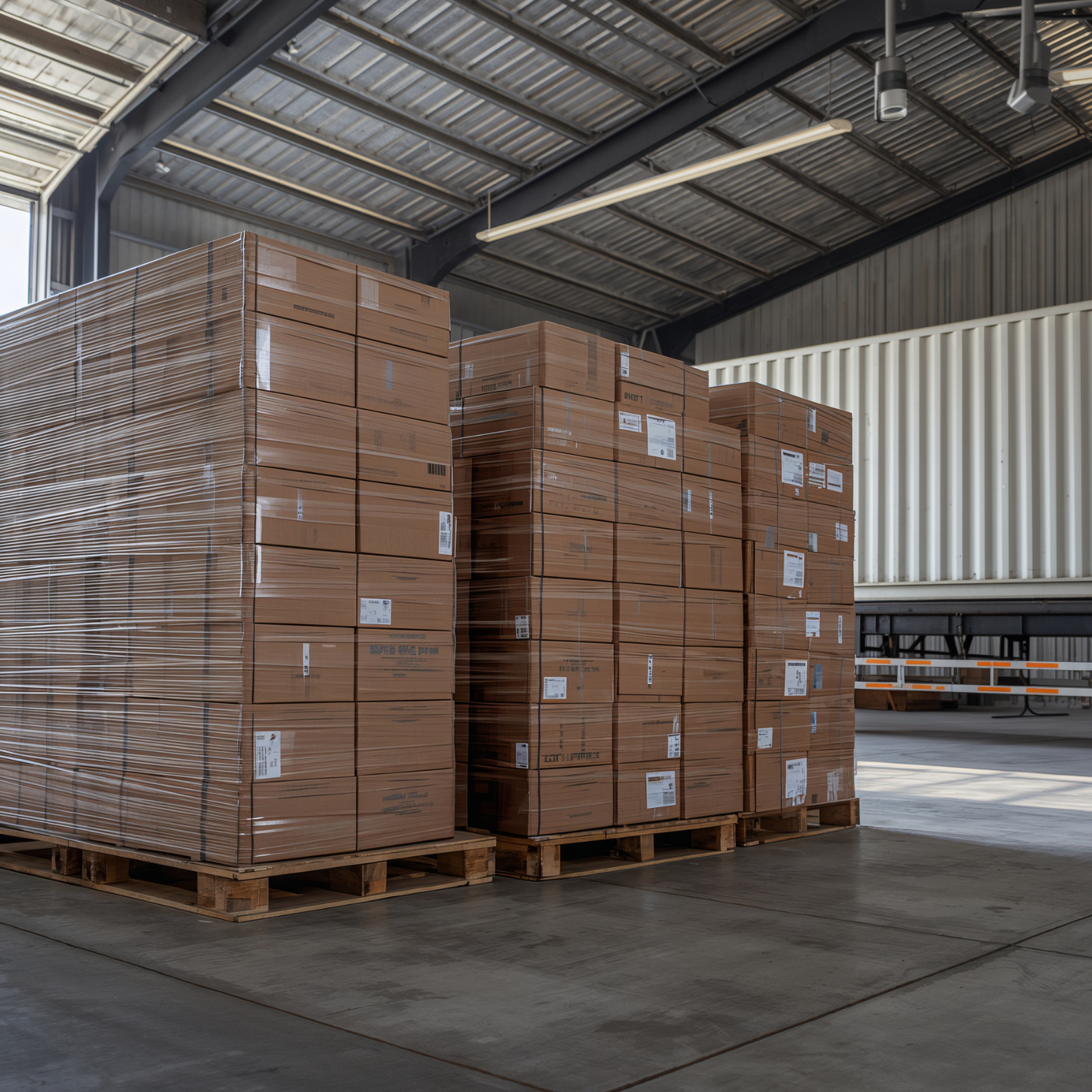 Pallets of cardboard boxes wrapped in plastic inside a warehouse.