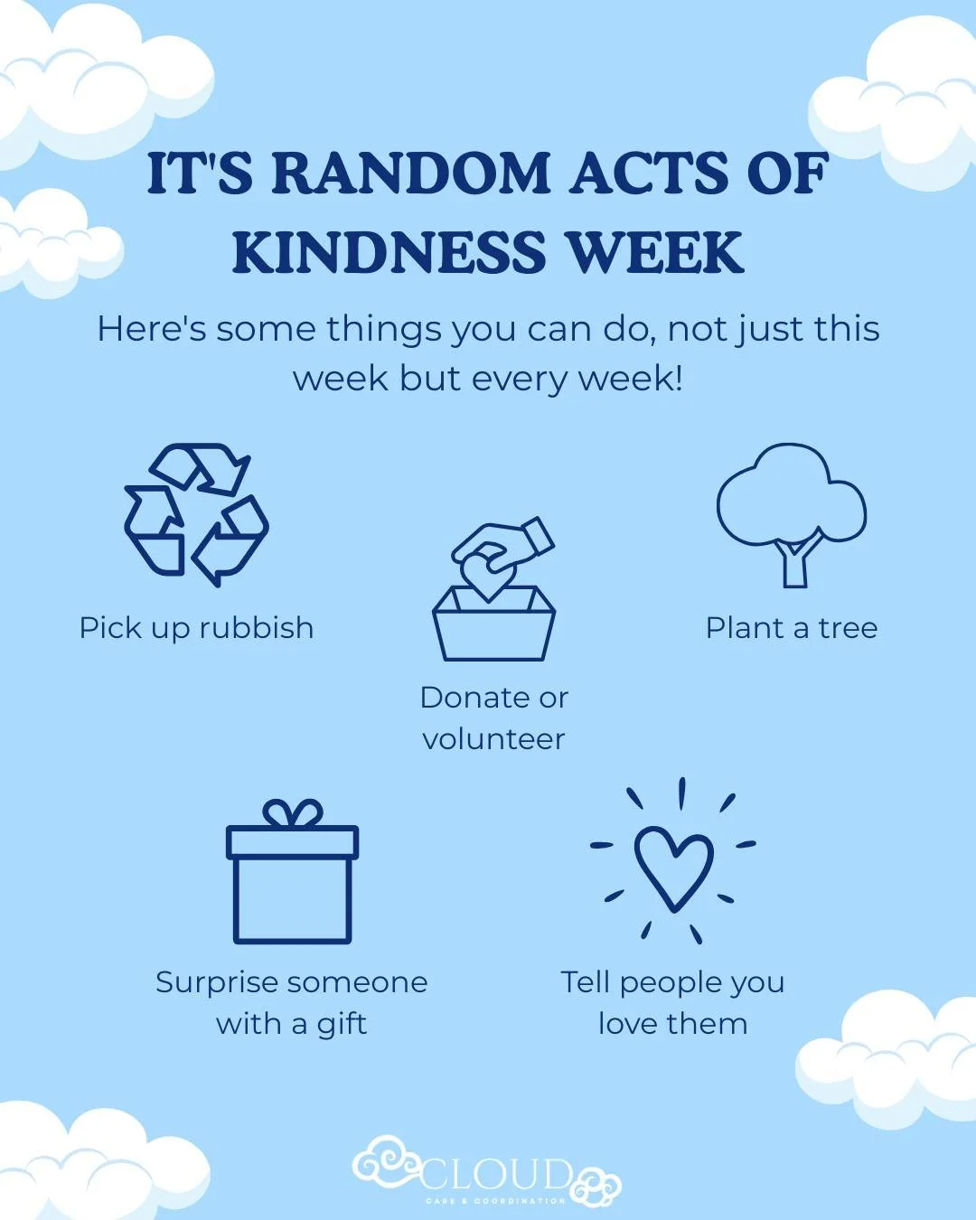 💙 Random Acts of Kindness Week 💙

In the world of disability support, kindness is never just &ldquo;extra&rdquo;, it&rsquo;s essential.

Whether it&rsquo;s a gentle check-in, an encouraging word or going the extra mile to help someone feel heard, k