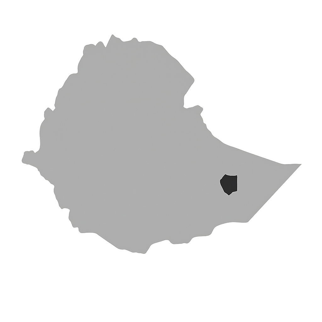 A map outline of a country with a small black region in the eastern part.