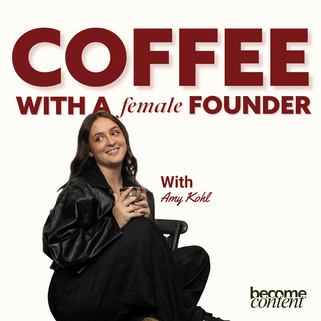 Book cover titled 'Coffee with a Female Founder' featuring Amy Kohl holding a mug, sitting on a chair against a white background.