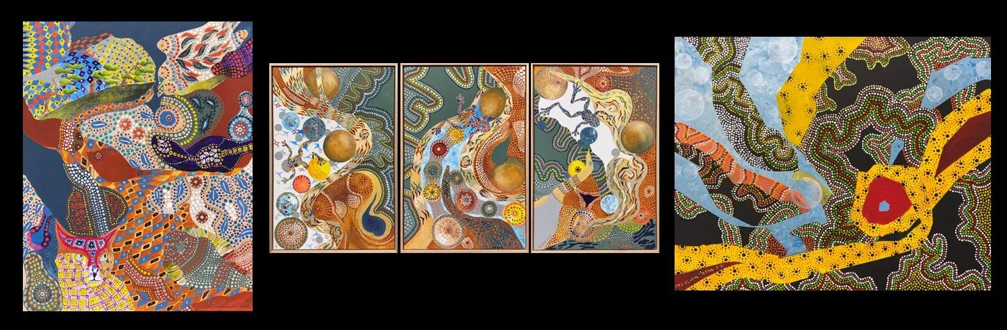 A triptych and an individual painting inspired by Aboriginal art styles, featuring colorful patterned animals, dots, and abstract designs.