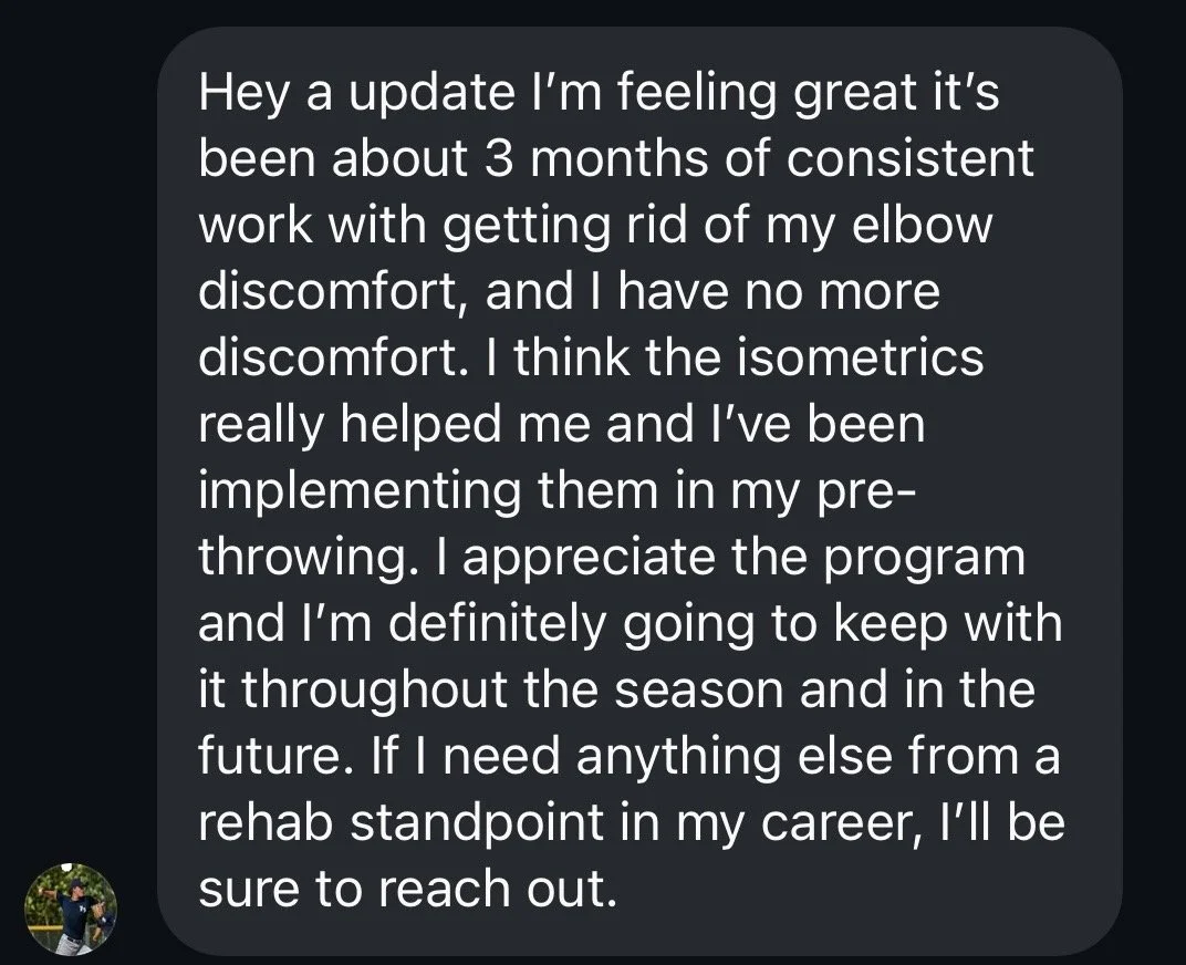 Client results - screenshot of a text message discussing positive progress in elbow discomfort and gratitude for an isometric exercise program.