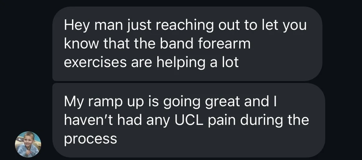 Client results - screenshot of a text conversation discussing the benefits of band forearm exercises and progress with a ramp up, with a small profile picture of a young boy in the lower left corner.