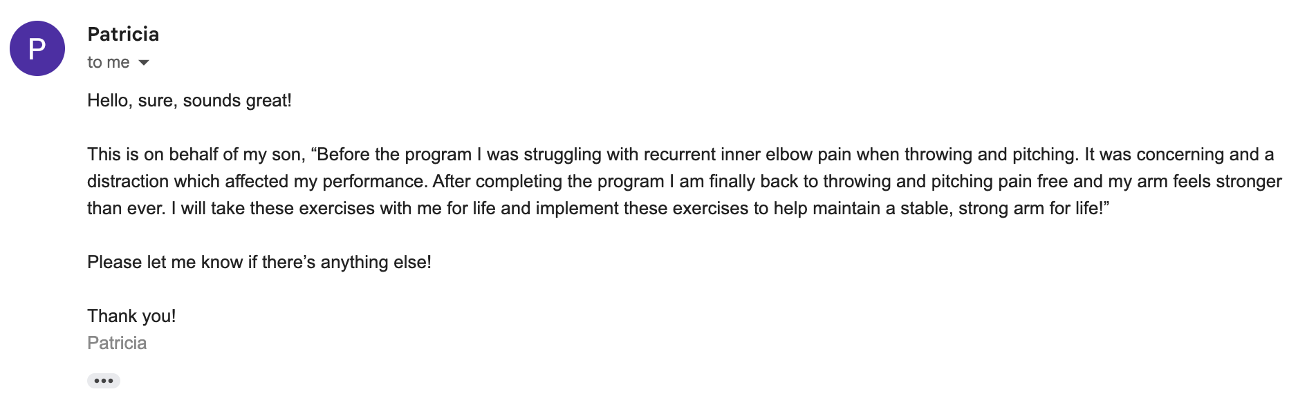 Client results - email from Patricia discussing her son's arm pain and exercise progress using the elbow blueprint.