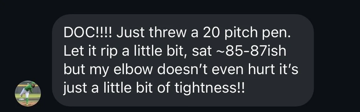 Client review - describing how elbow does not hurt after throwing 85-87mph in a 20 pitch bullpen