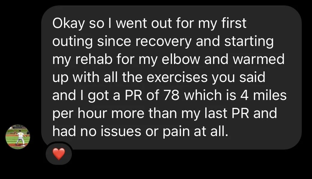 Client results - text message about going out for a first outing since recovery, starting rehab for elbow, exercises, PR of 78, running 4 miles per hour, no issues or pain, with a red heart emoji.