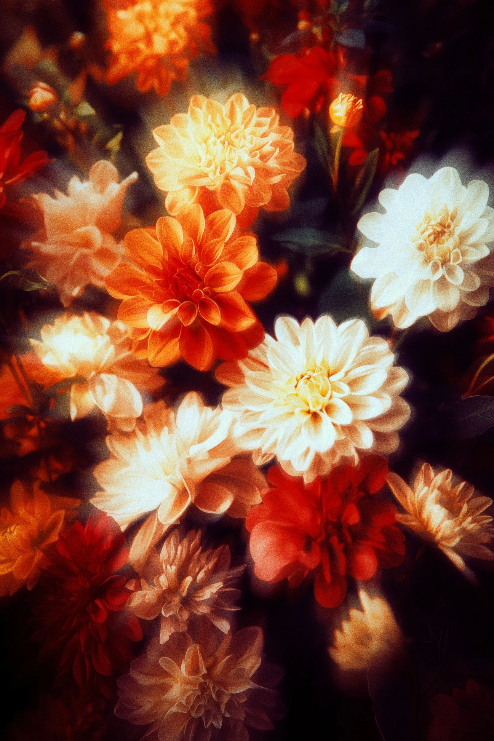 オレンジ、白、赤いダリアの花が咲いている花束の写真。