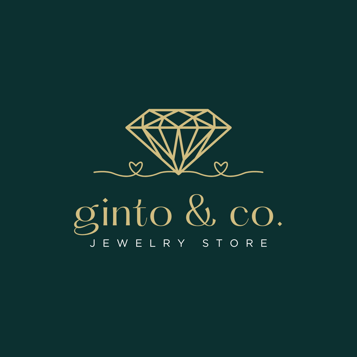 Logo for ginto & co. Jewelry Store featuring a gold diamond graphic with two small hearts and lines, on a dark green background with text.