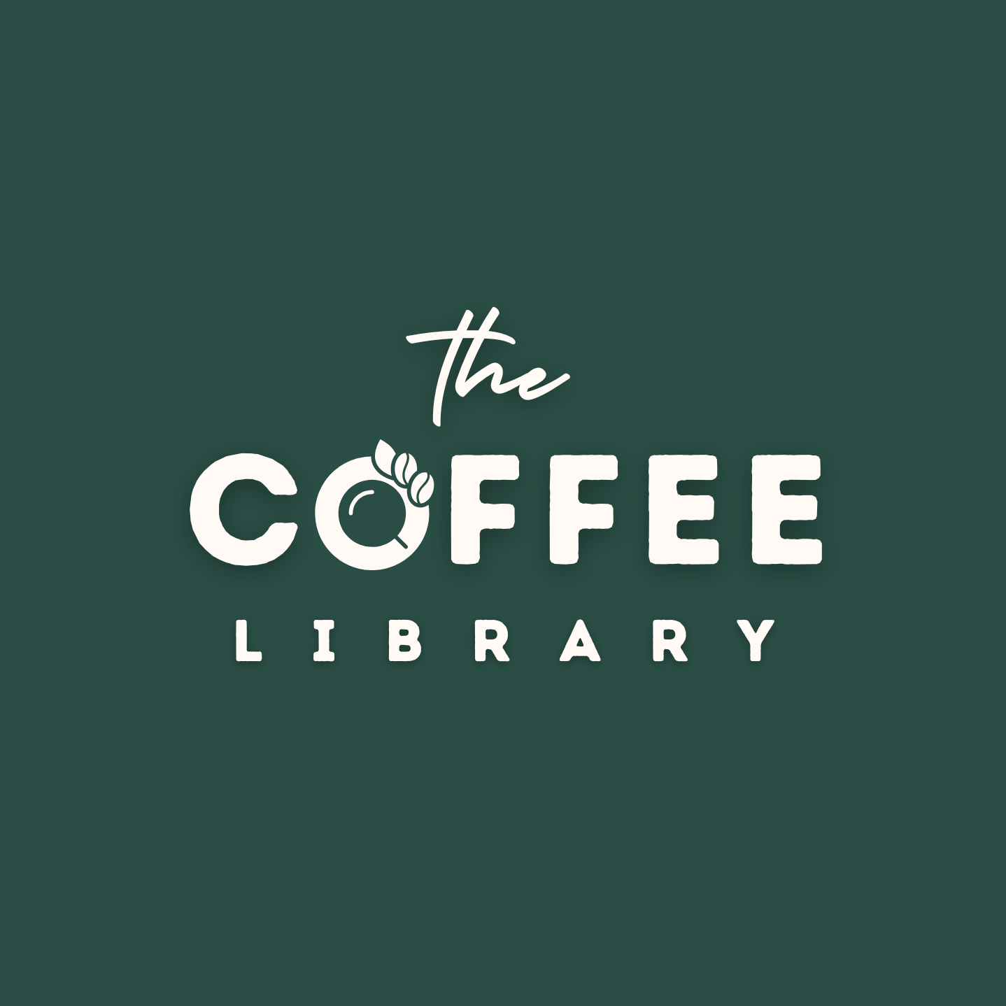 Logo for The Coffee Library with green background, featuring a coffee bean and leaf design in the letter 'O' of 'Coffee.'