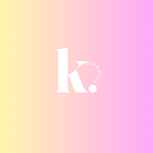 Logo with a large letter 'K' and the word 'COSMETICS' in a circle around the letter, on a pastel pink and yellow gradient background.