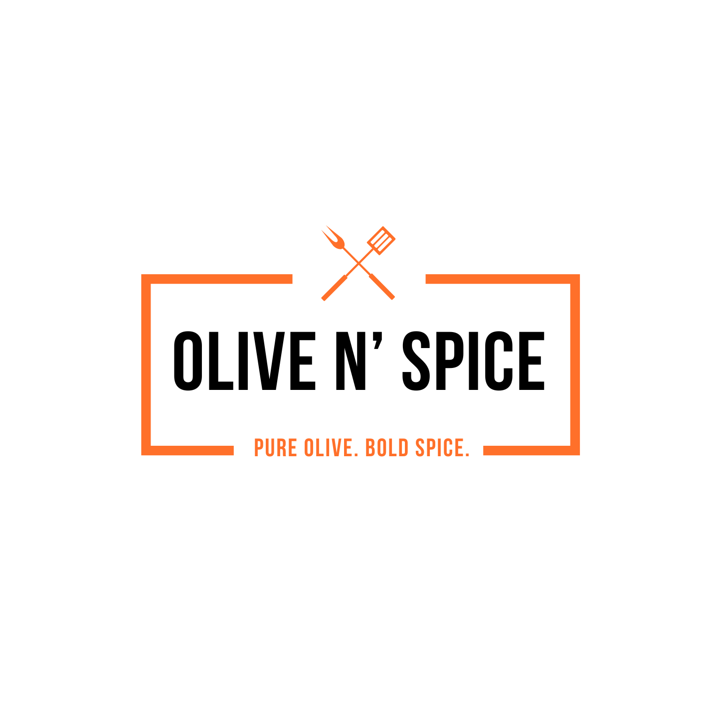 Graphic logo for Olive N' Spice with a black and orange color scheme, featuring crossed fork and spatula icons above the text 'Olive N' Spice' and the tagline 'Pure Olive. Bold Spice.'