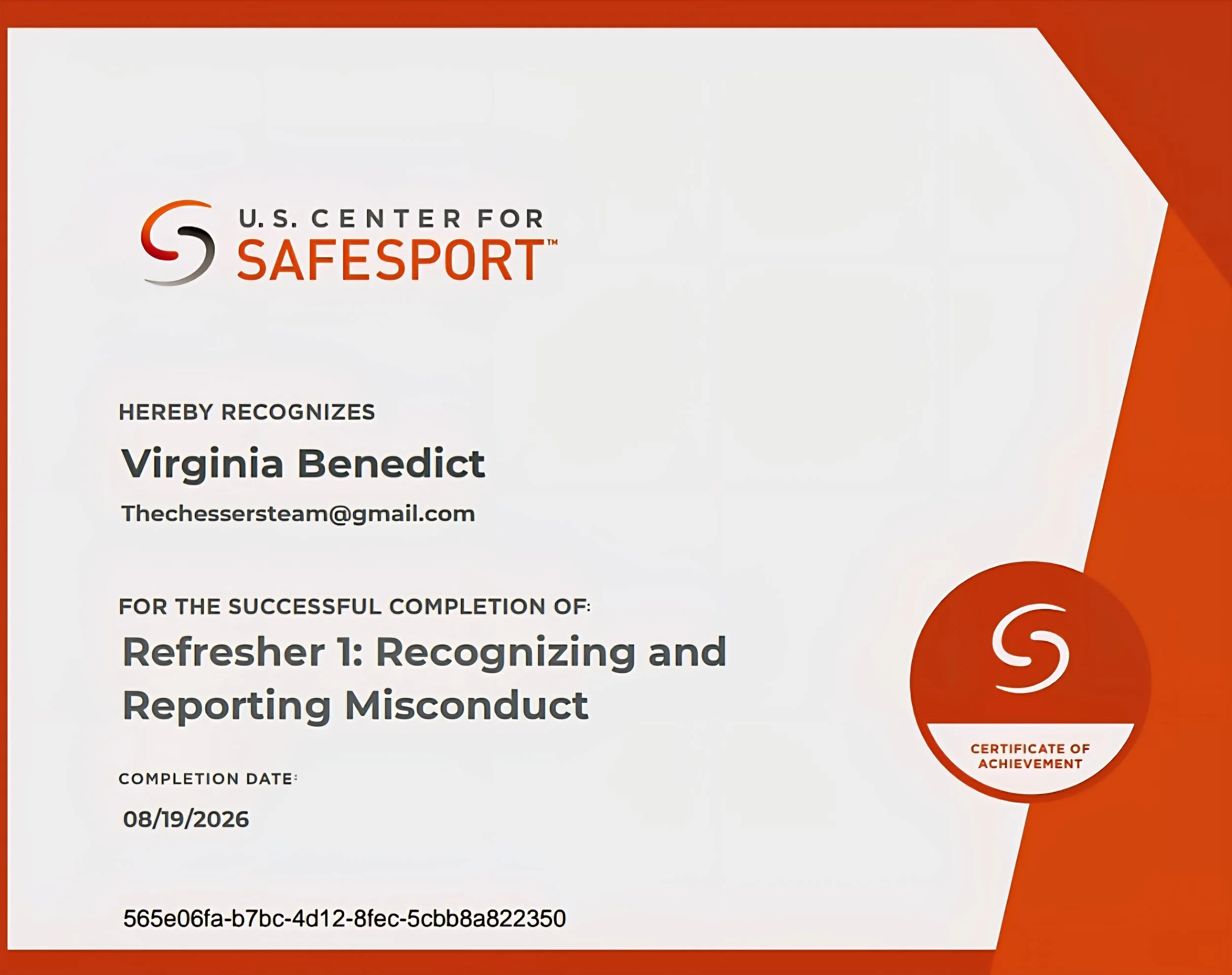 Certificate from the U.S. Center for Safesport recognizing Virginia Benedict for completing Refresher 1: Recognizing and Reporting Misconduct, dated 08/19/2026.