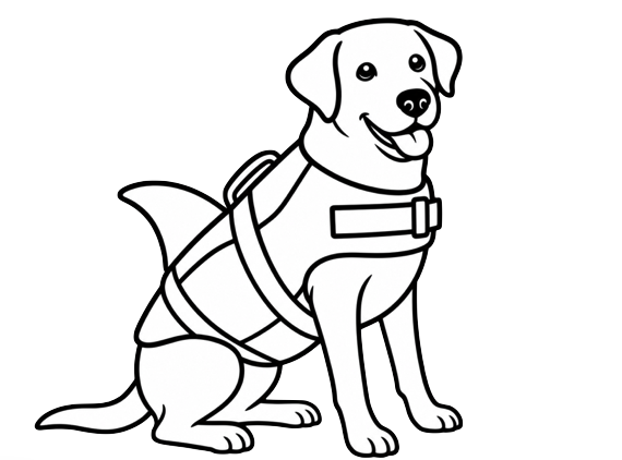 Black and white line drawing of a happy dog wearing a life jacket.