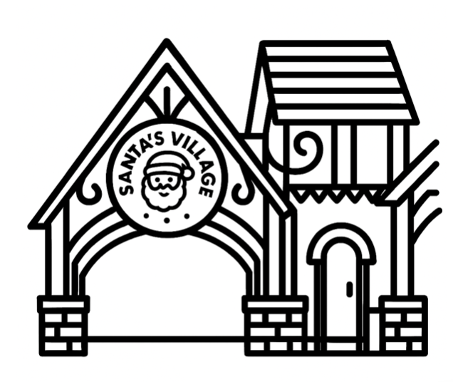 Black and white line drawing of Santa's Village with a cheerful Santa face in a circular sign above an arched entrance, surrounded by a house with a pitched roof and balcony.