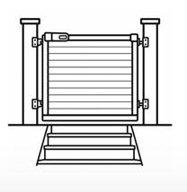 Outline drawing of a retractable gate mounted on deck posts used for pets while at the cottage.
