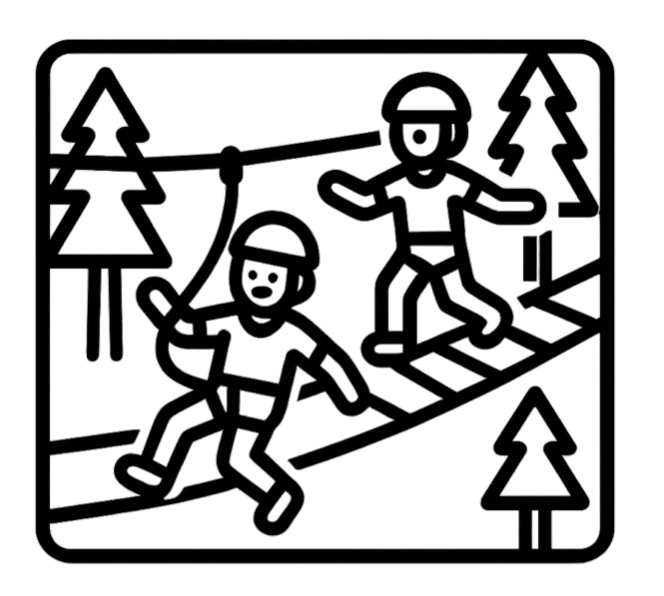 Black and white line drawing of two kids ziplining in a forested area with trees.