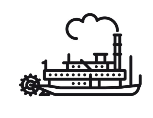 Line drawing of a ship with a large smokestack emitting smoke, a wheel at the front, and a structured deck.